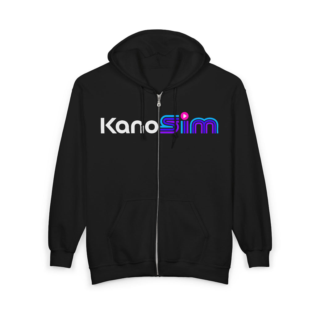 KanoSim Logo Zip Hoodie — Retro Neon Gamer Full-Zip Sweatshirt