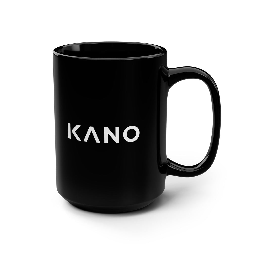 Bold Text Black Coffee Mug — Large 15oz White Typographic "ANO" Design