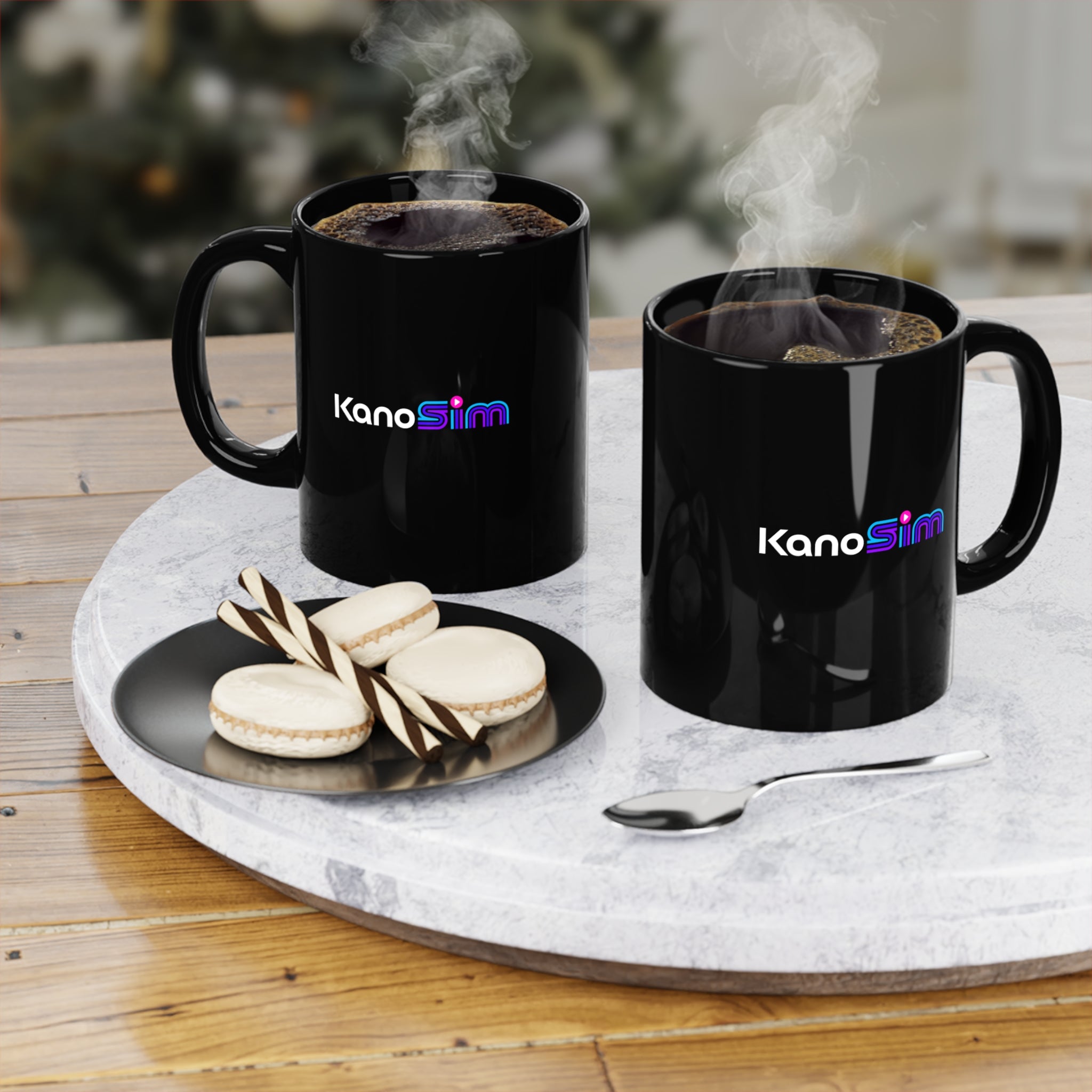 Black 11oz Coffee Mug — 'KanoSim' Retro Neon Logo