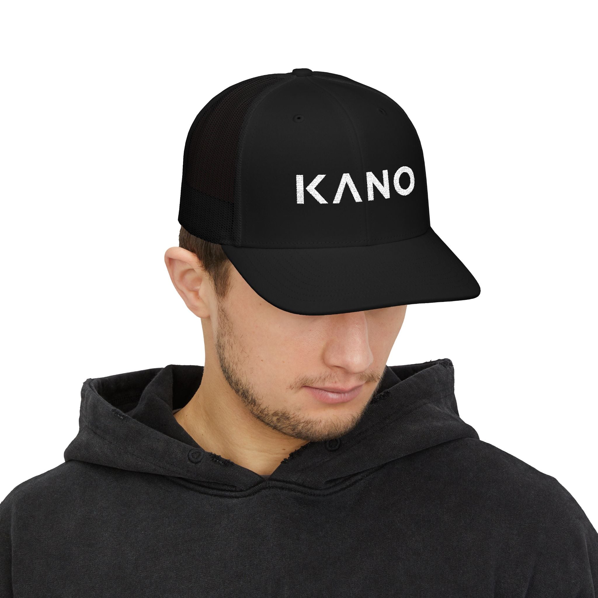 KANO Embroidered Trucker Cap — Black & White Snapback Mesh Hat