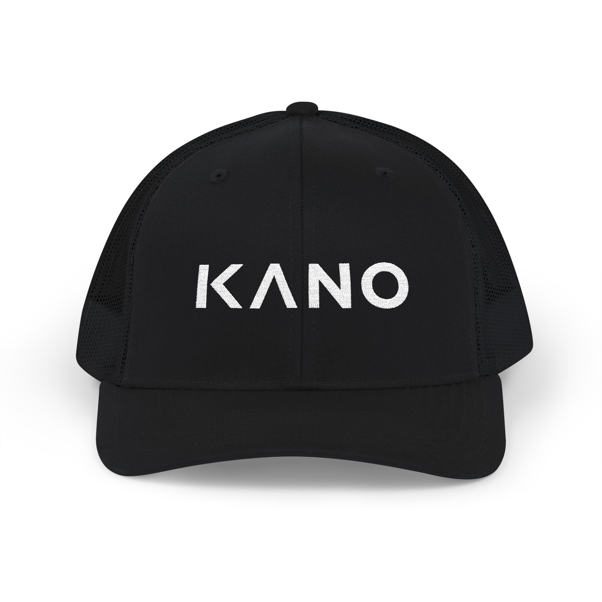KANO Embroidered Trucker Cap — Black & White Snapback Mesh Hat