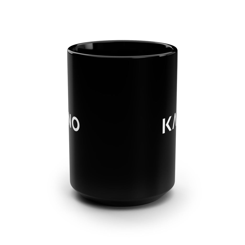 Bold Text Black Coffee Mug — Large 15oz White Typographic "ANO" Design