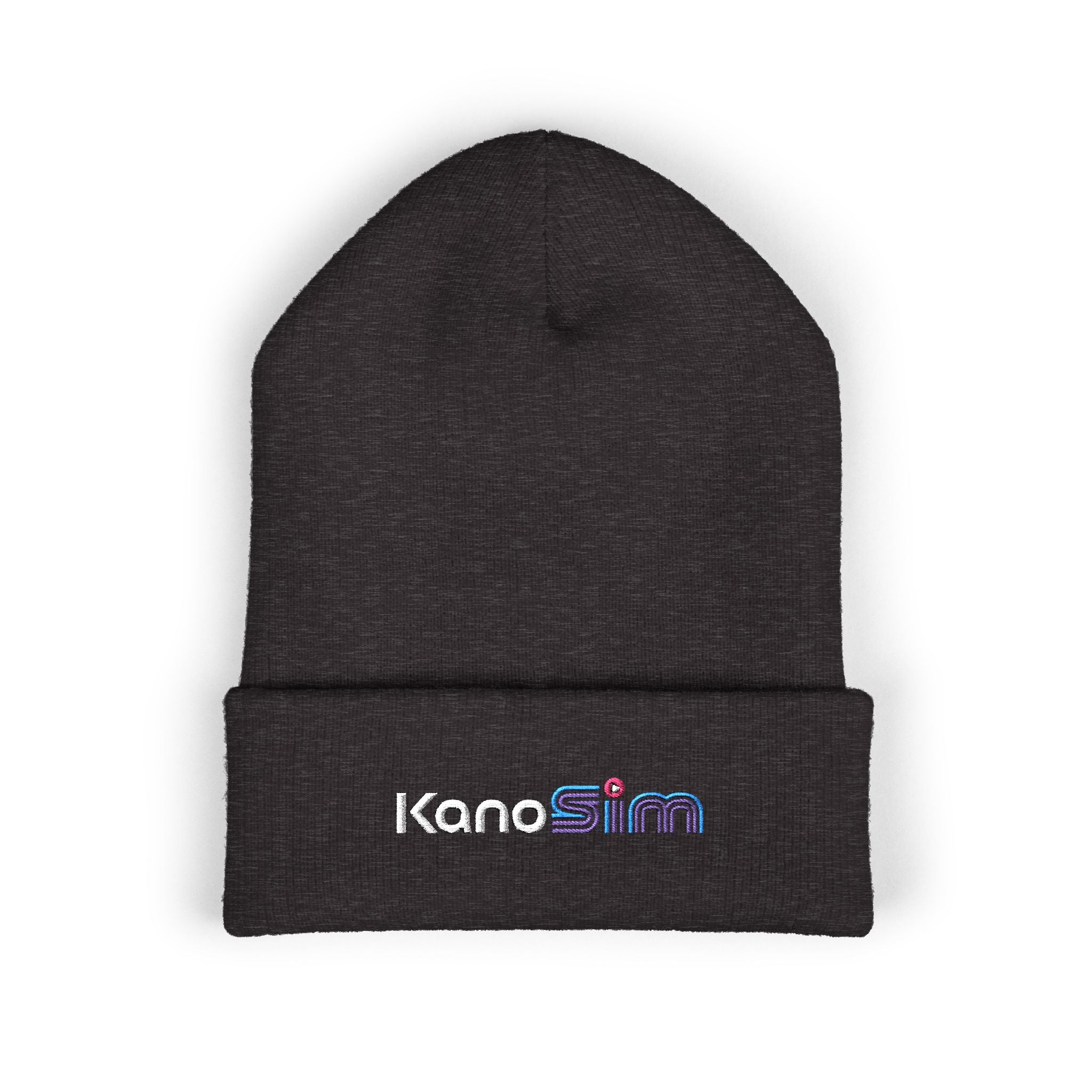 Embroidered KanoSim Classic Cuffed Beanie — Retro Neon Logo Knit Hat