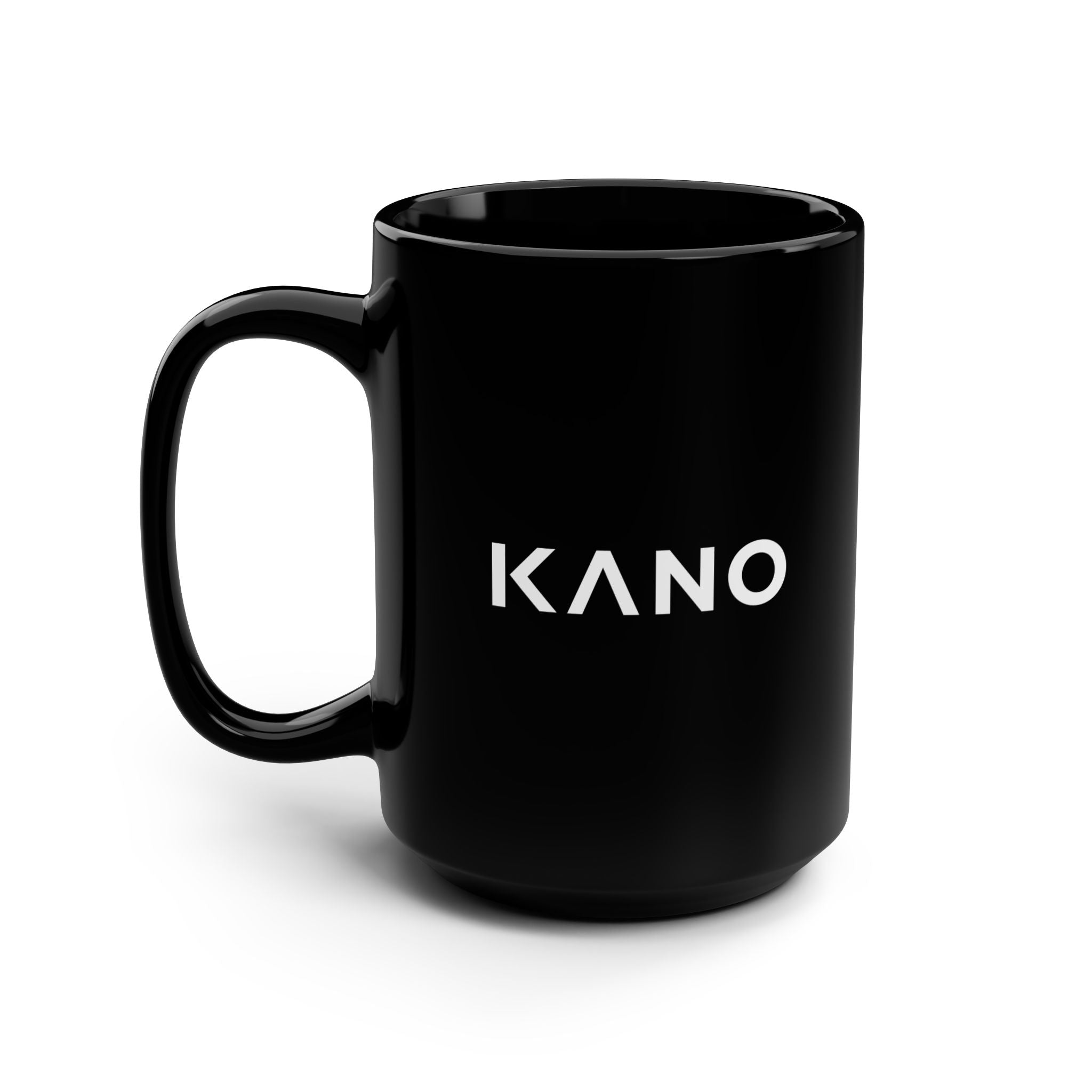 Bold Text Black Coffee Mug — Large 15oz White Typographic "ANO" Design