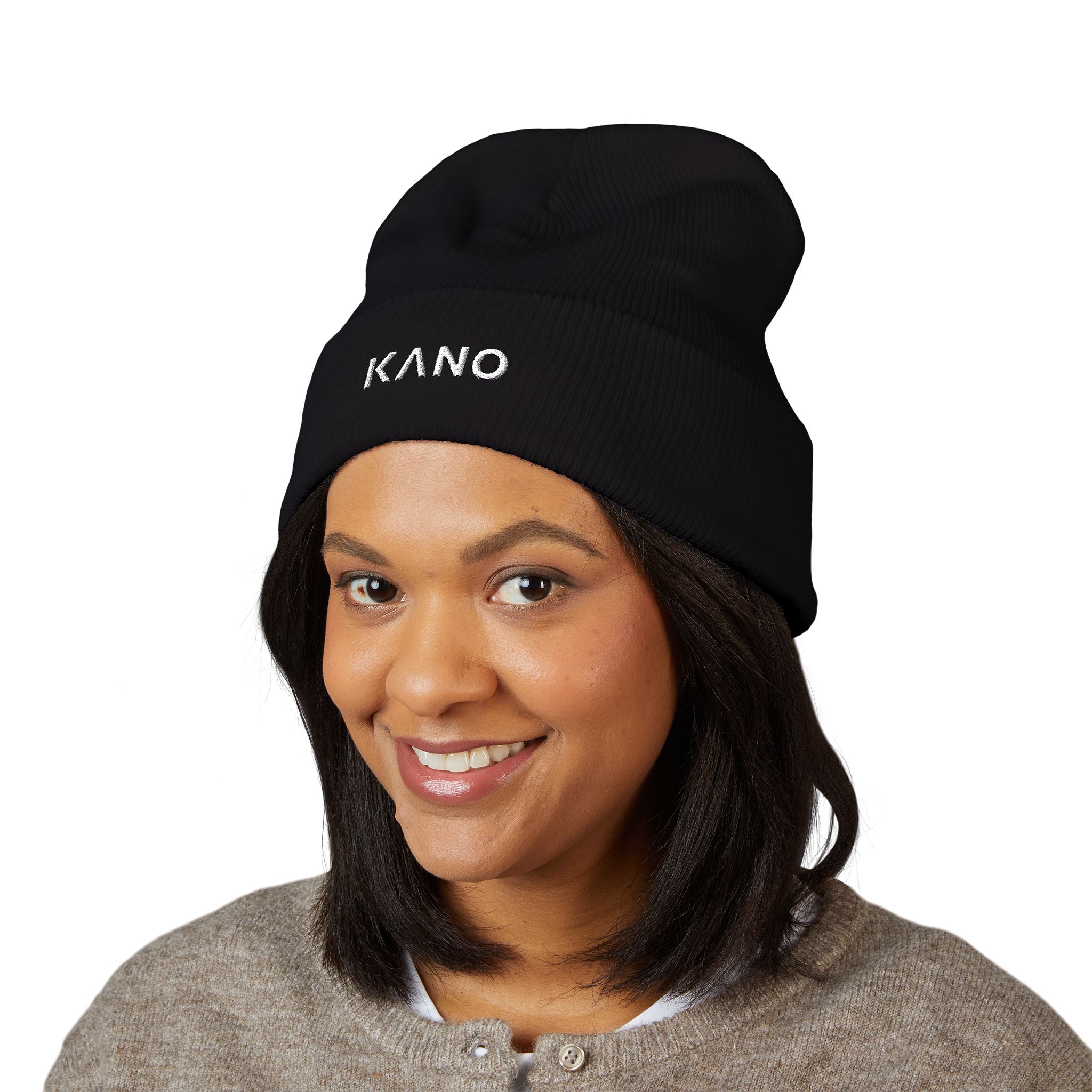 Embroidered KANO Classic Cuffed Beanie — Retro Neon Logo Knit Hat